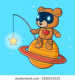 Robô urso bonito sentado no planeta Saturno pescando estrela dourada. Ilustração de ícone de vetor de desenhos animados