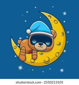 Cute bear robot sleeping on crescent moon. Cartoon vector icon illustration