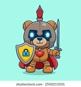 Cute bear robot in spartan warrior costume with sword and shield. Cartoon vector icon illustration