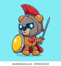 Lindo oso robot en traje de guerrero espartano con espada y escudo. Ilustración de icono de Vector de dibujos animados	
