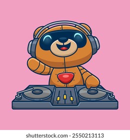 Lindo oso robot con tocadiscos. Ilustración de icono de Vector de dibujos animados	
