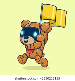 Cute bear robot with yellow flag. Cartoon vector icon illustration	

