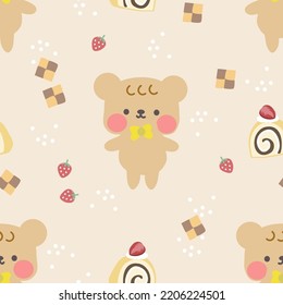 Cute Bear and Roll Cake Seamless Pattern
