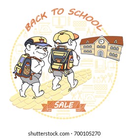 Cute bear with rucksack. Back to School. Sale. Two Bears and school building isolated on white background. Vector.
