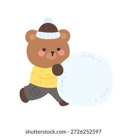 Um urso bonito correndo com uma ilustração vetor bola de neve gigante