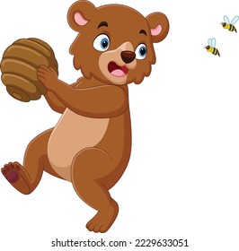 Cute bear running with a honeycomb from angry bees