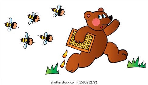 Cute bear is running with a honeycomb from the bees. Colored vector for card or gift.