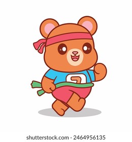Cute Bear Running Marathon Cartoon Vector Icon Illustration. Animal Sport.