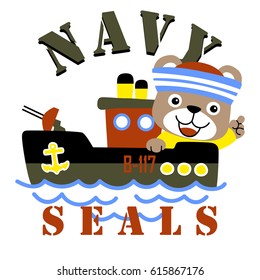 Cute bear in sailor cap on warship, vector cartoon illustration