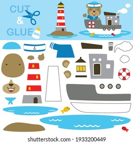 Cute bear in sailor costume on boat with lighthouse. Education paper game for children. Cutout and gluing. Vector cartoon illustration