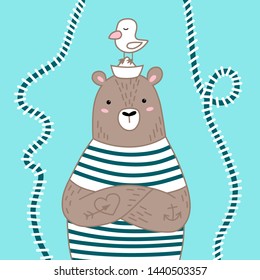 Cute bear sailor on a blue background. Childish print for nursery, kids apparel,poster, postcard. Vector Illustration 