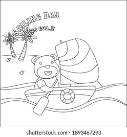 Cute bear sailor on the boat with cartoon style. Creative vector Childish design for kids activity colouring book or page.
