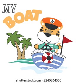 Cute bear sailor on the boat. Can be used for t-shirt print, kids wear fashion design, baby shower invitation card. fabric, textile, nursery wallpaper, poster.