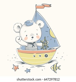 Cute bear sailor on a boat cartoon hand drawn vector illustration. Can be used for t-shirt print, kids wear fashion design, baby shower invitation card.