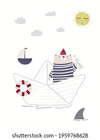 Cute bear sailor on a paper boat, shark fin, sailboat, isolated on white. Hand drawn vector illustration. Scandinavian style flat design. Concept for kids nautical fashion, textile print, poster, card