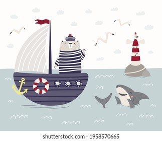 Cute bear sailor on a ship, sailboat, shark, lighthouse. Childish sea, ocean landscape. Hand drawn vector illustration. Scandinavian style flat design. Concept nautical kids print, poster, wallpaper.