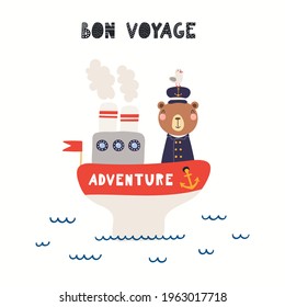 Cute bear sailor on ship, sea waves, seagull, text Bon voyage, isolated on white. Hand drawn vector illustration. Scandinavian style flat design. Concept kids nautical fashion print, poster, card.