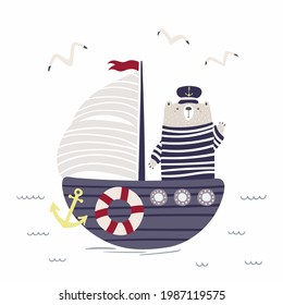 Cute bear sailor on a ship, sailboat, gulls, waves, isolated on white. Sea, ocean landscape. Hand drawn vector illustration. Scandinavian style flat design. Concept for nautical kids print, poster.