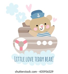 Cute bear sailor on a ship at sea. Children's illustration with a bear.