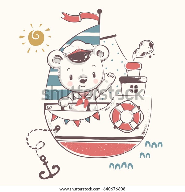 船の漫画の手描きのベクターイラストに かわいい熊の船乗り Tシャツのプリントにも使えるし 子どもはファッションデザイン ベビーシャワー招待状を着る のベクター画像素材 ロイヤリティフリー
