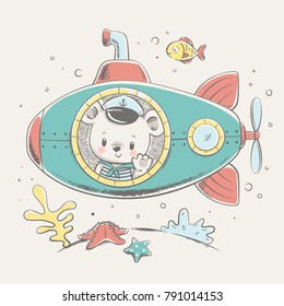 Cute bear sailor on a submarine cartoon hand drawn vector illustration. Can be used for t-shirt print, kids wear fashion design, baby shower invitation card.