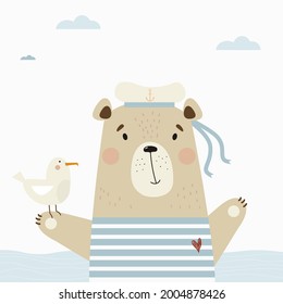 Marinero de oso cortado en un chaleco rayado y sombrero con una gaviota en el mar. Ilustración vectorial. Cartel con animales para la recolección de niños, postales, diseño, impresión, decoración infantil y tarjetas de felicitación