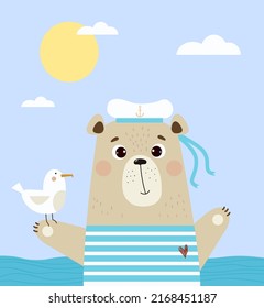 Cute bear sailor in striped vest and hat with seagull at sea. Vector illustration. Summer  poster with animals for kids collection, postcards, design, print, nursery decoration and greeting cards 