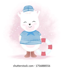 Marinero de oso blanco y anillo de nado dibujos a mano dibujos a mano dibujos a color de agua animal ilustración