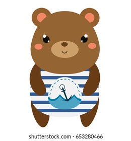 Cute bear in sailor t-shirt. Children style, isolated design element. Cartoon kawaii animal character. Vector illustration