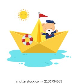 Cute bear in sailor uniform sailing with origami ship. Flat vector cartoon design