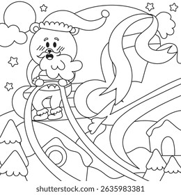 Cute bear Santa delivers Christmas presents on a magical flying sleigh in this festive, printable coloring page game for kids.