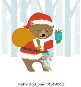 Cute bear Santa giving Christmas gift  to little hare.