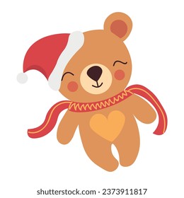 Cute bear in Santa hat and scarf on white background
