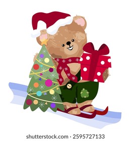 A cute bear in a Santa hat stands on skis and holds in his paws a red box and Christmas tree with toys. Vector illustration.