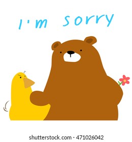 cute bear say sorry to duck cartoon vector illustration