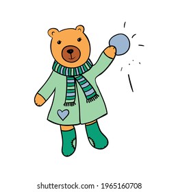 Cute bear in scarf and coat with snowball. Emotional cartoon character. Funny animal. Hand drawn vector illustration.