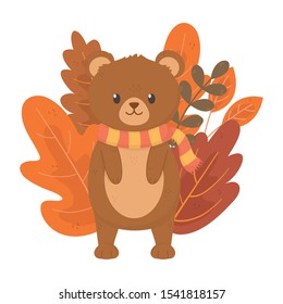 cute bear with scarf foliage leaves autumn on white background vector illustration