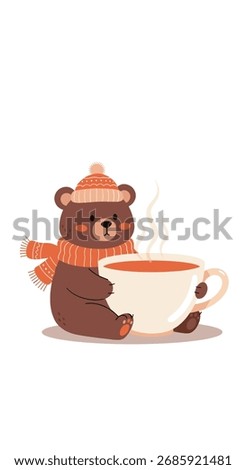 A cute bear with a scarf and hat holding a cup of hot chocolate.