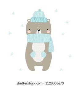 Cute bear with scarf and knitting hat. Winter holiday graphic.Vector hand drawn illustration.