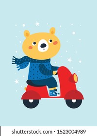 Cute bear in scarf and sweater ride motorbike. Festive vertical greeting card. Colorful illustration for postcard, poster, decoration, print, textile in scandinavian cartoon flat style