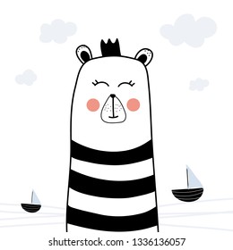 Cute bear and sea vector print in scandinavian style. Hand drawn vector illustration for  cards, posters, cards, t-shirts, book, textile.