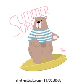 Cute bear and seagull on the surf. Eps 10.