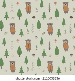 Cute bear Seamless pattern. Cartoon Animals in forest background. Vector illustration.