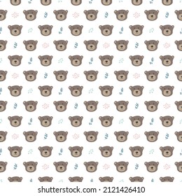 Cute bear Seamless pattern. Cartoon Animals in forest background. Vector illustration.