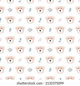 Cute bear Seamless pattern. Cartoon Animals in forest background. Vector illustration.