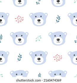 Cute bear Seamless pattern. Cartoon Animals in forest background. Vector illustration.