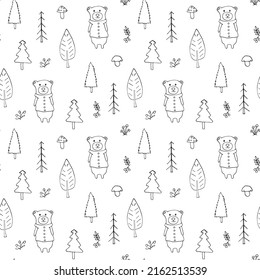 Oso lindo Patrón sin foco. Caricatura Animales en el fondo del bosque. Ilustración vectorial.
