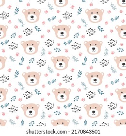 Cute bear Seamless pattern. Cartoon Animals in forest background. Vector illustration.