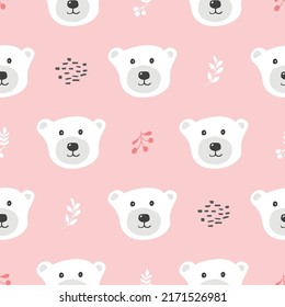 Cute bear Seamless pattern. Cartoon Animals in forest background. Vector illustration.