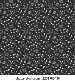 Cute bear Seamless pattern. Cartoon Animals in forest background. Vector illustration.